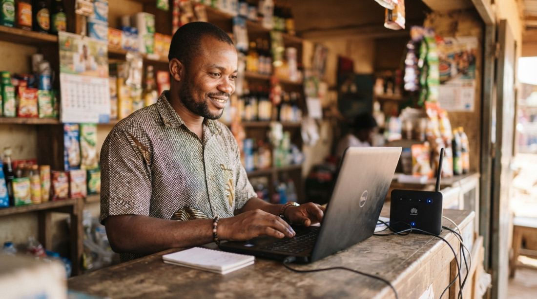 Petit commerçant camerounais connecté à internet par satellite dans sa boutique