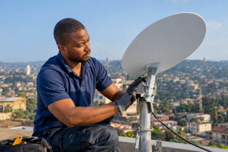 Technicien africain ajustant une antenne parabolique pour une installation Internet par satellite sur un toit en milieu urbain.